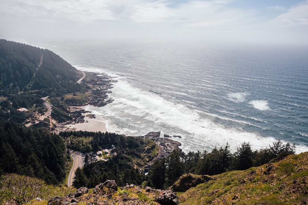 Landscape images of a view from a mountain looking out over the Pacific Ocean along the Oregon coast.